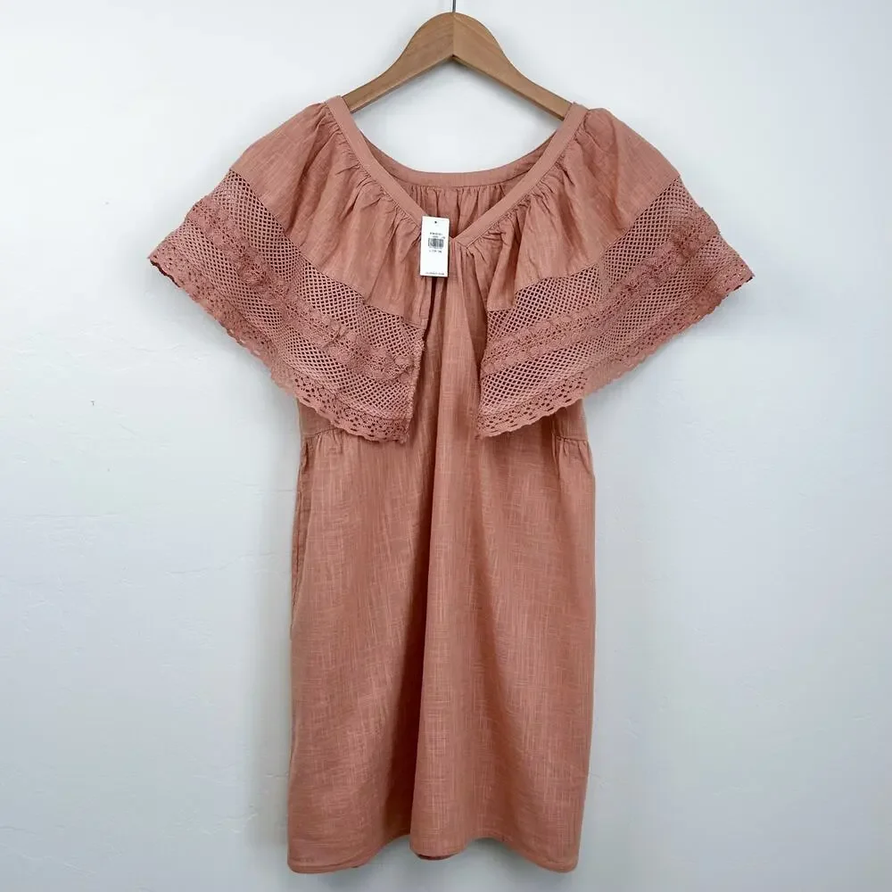 Old Navy Girl's Peach Lace 100% Cotton Natural Fiber Flutter Sleeve Dress NWT